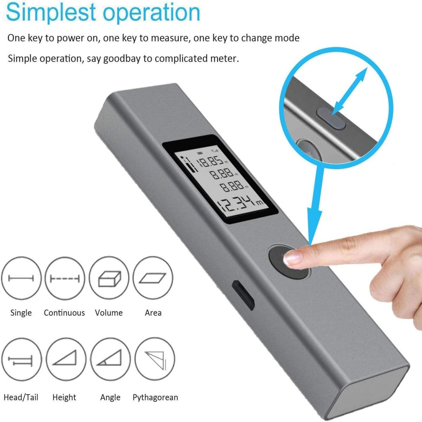 Duka LS-P Laser Measure features simple one-button operation for measurement calculations and displays on backlit LCD.