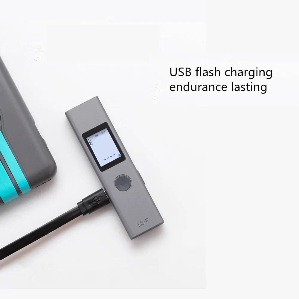 Duka LS-P laser measure showing USB charging capability and backlight LCD for easy visibility.