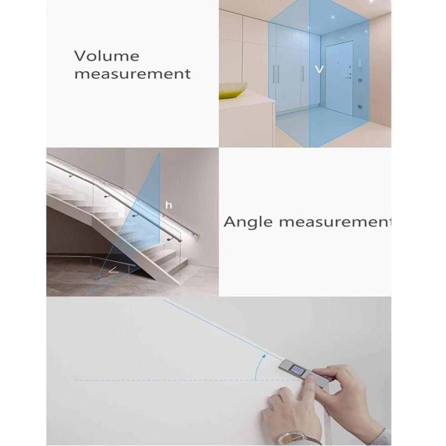 Image showcasing the Duka LS-P Laser Measure with volume and angle measurement features.