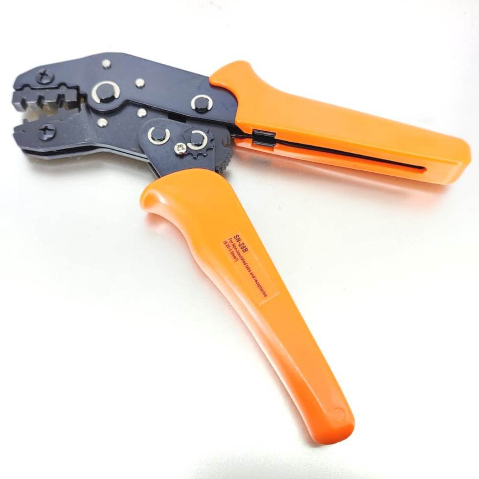 Side view of 2.54mm Dupont crimping tool, SN-28B model, with orange handles.