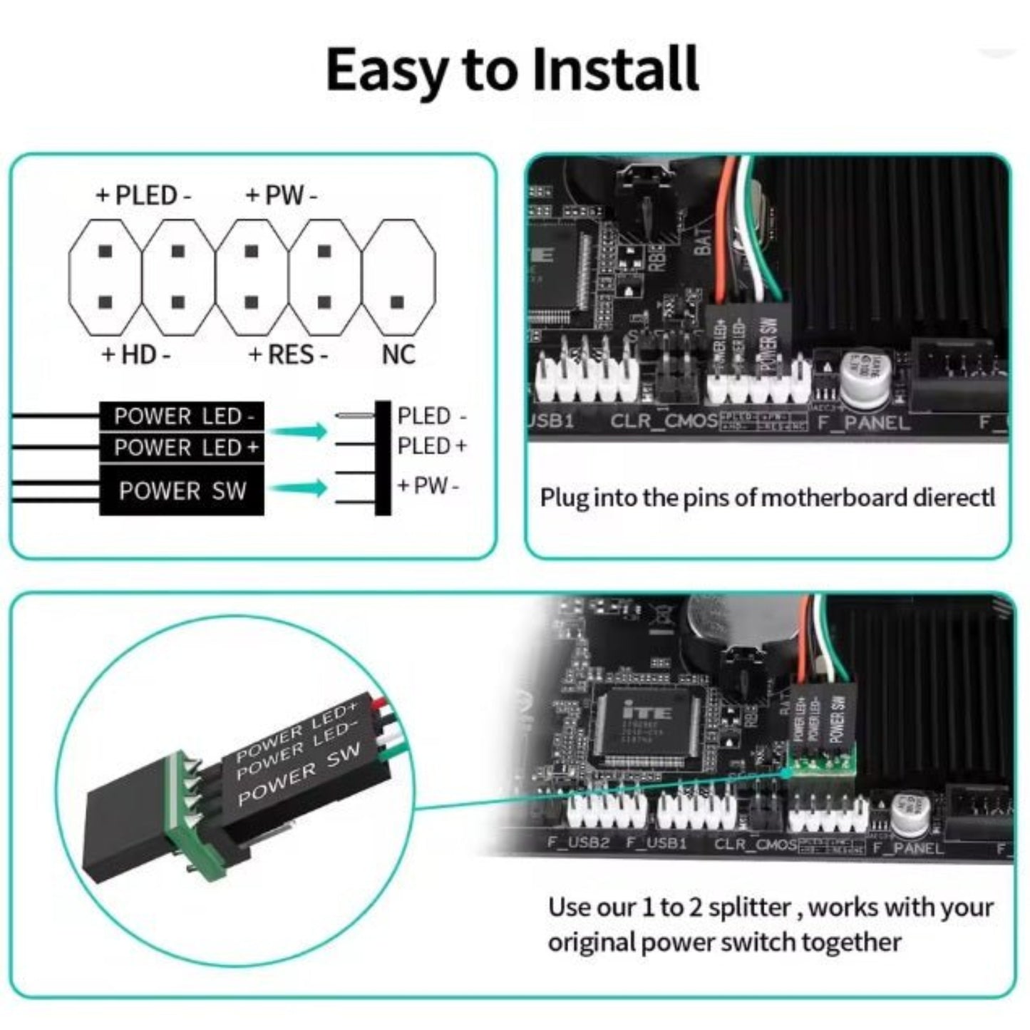 Diagram showing easy installation of PC power switch connections to the motherboard and splitter usage.