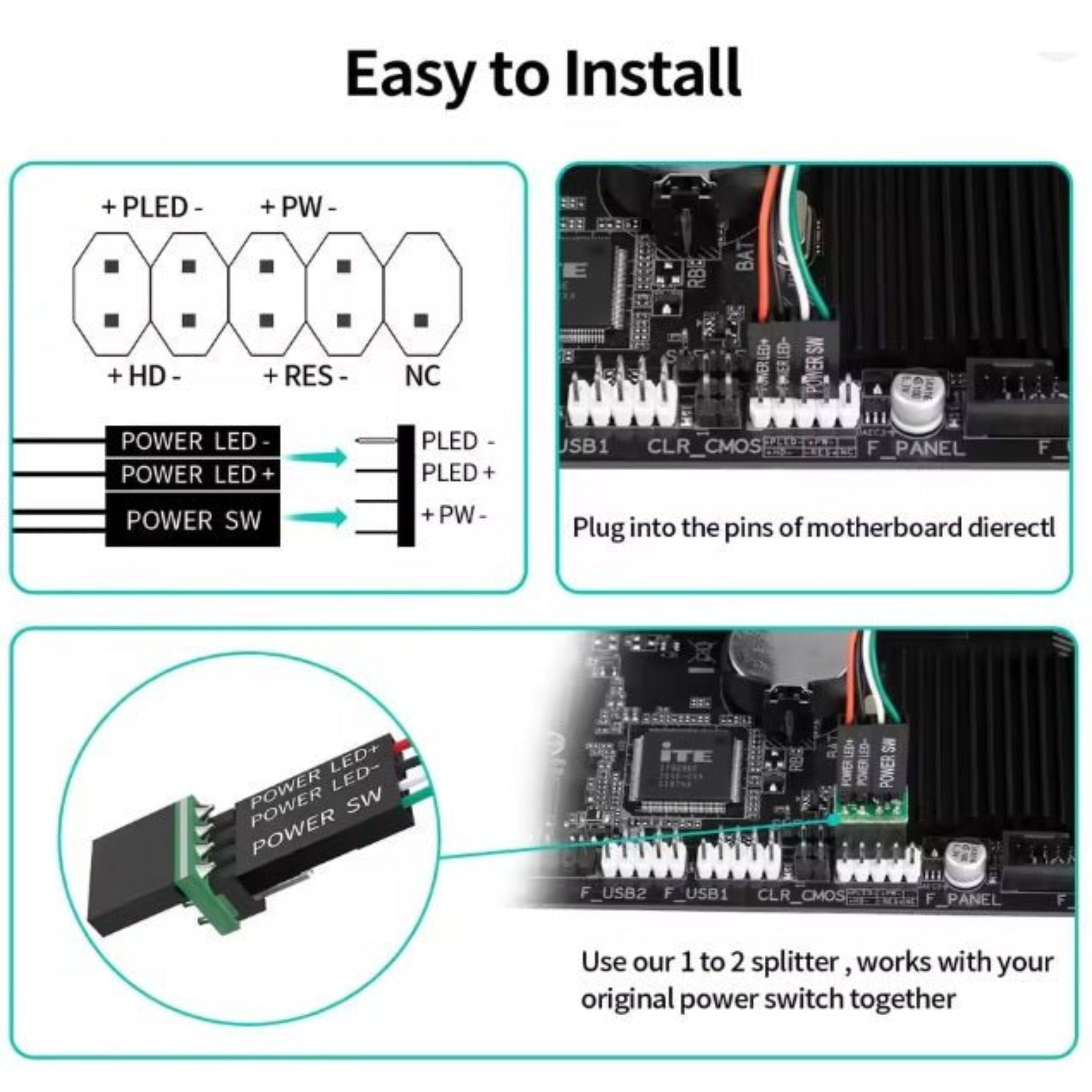 Diagram showing easy installation of PC power switch connections to the motherboard and splitter usage.