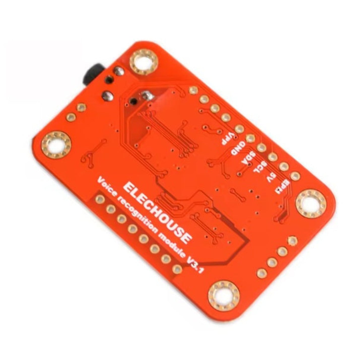 Bottom view of Elechouse Voice Recognition Module V3.1, displaying "ELECHOUSE" branding and circuit traces.
