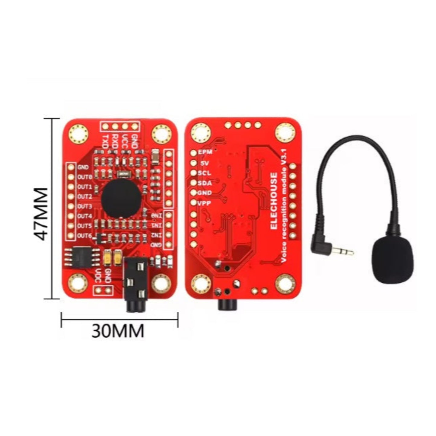 Elechouse Voice Recognition Module V3 dimensions (47x30mm) with included microphone for size reference.
