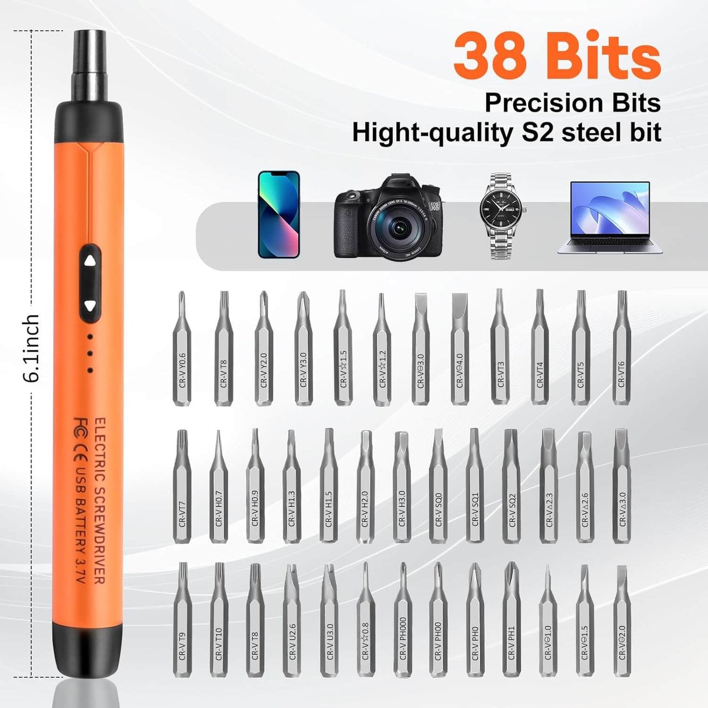 46-in-1 Precision Electric Screwdriver Set with 38 S2 steel bits for electronic repairs.