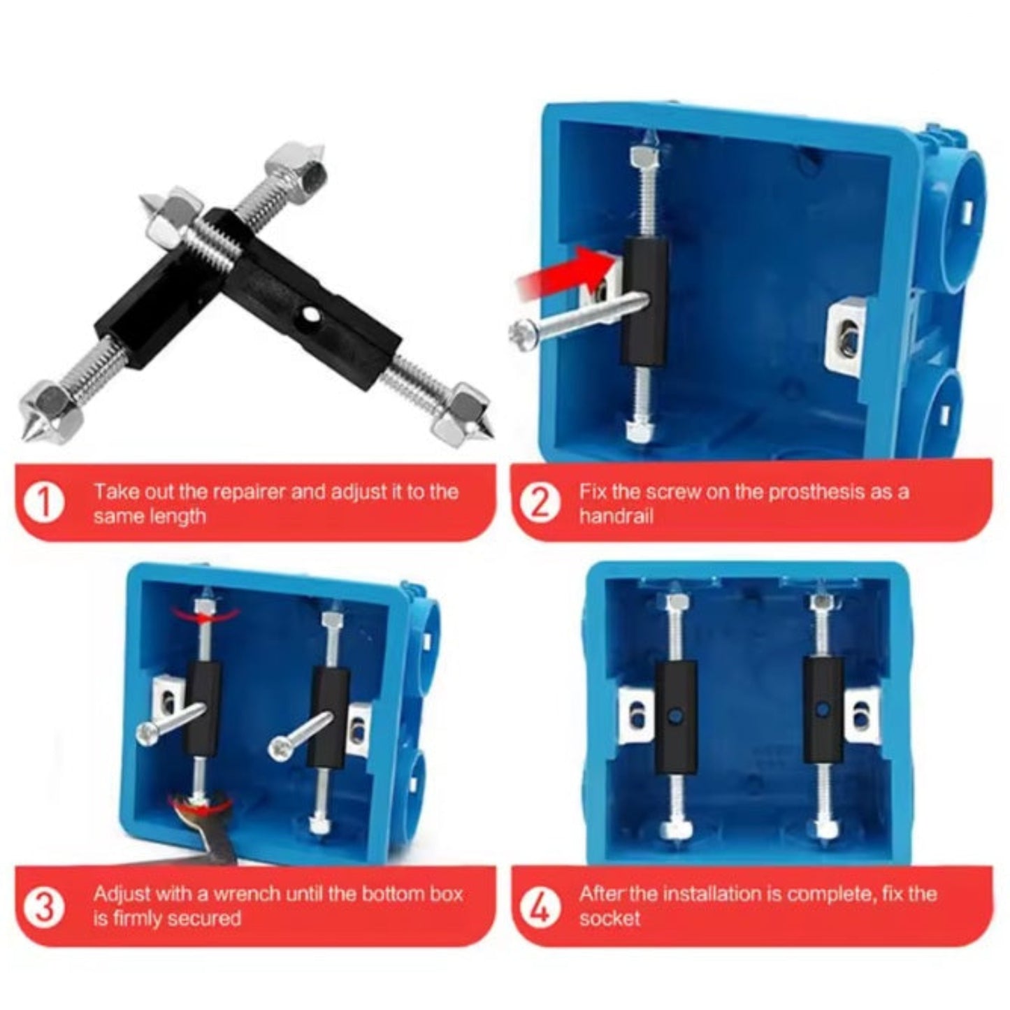 4-step installation guide for electrical box repair tool, showing how to secure a loose switch box.