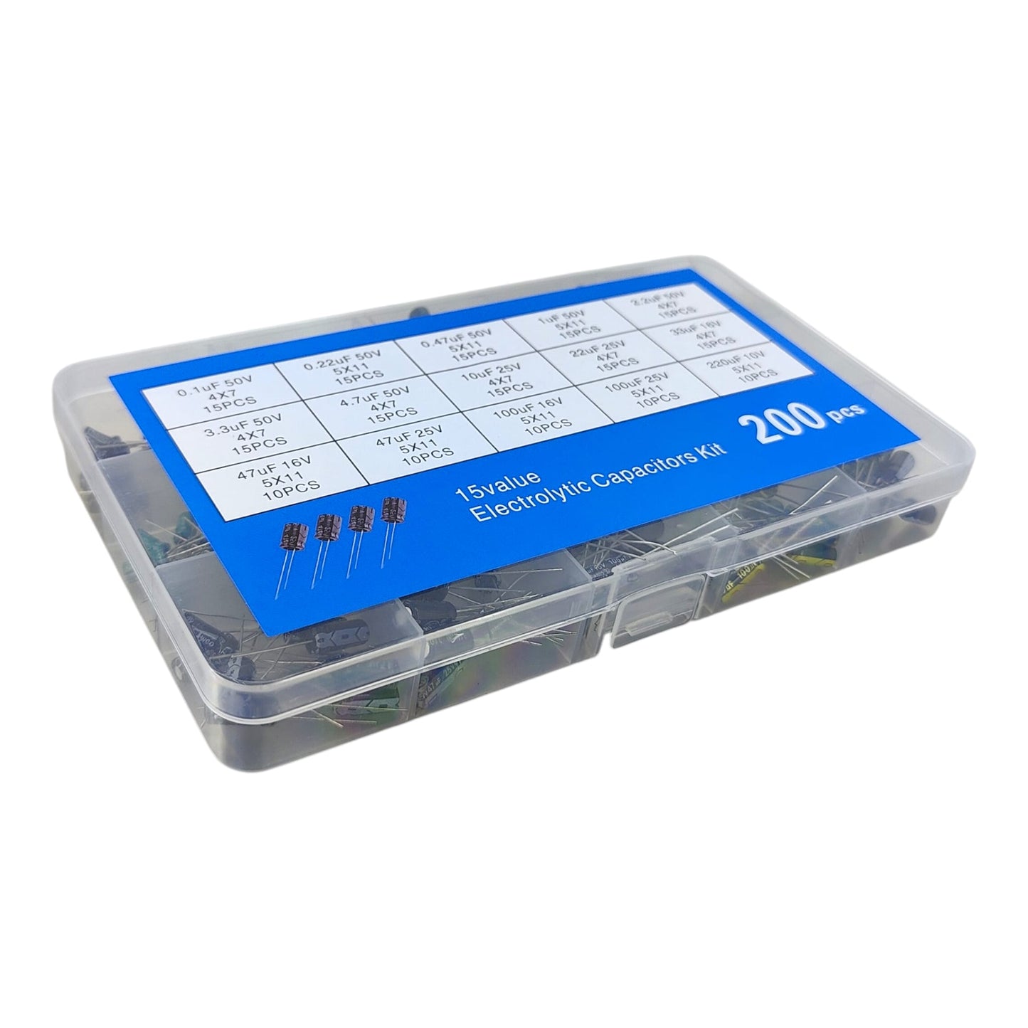 Closed 200 piece electrolytic capacitor kit box featuring a blue label with a detailed 15-value specification chart.