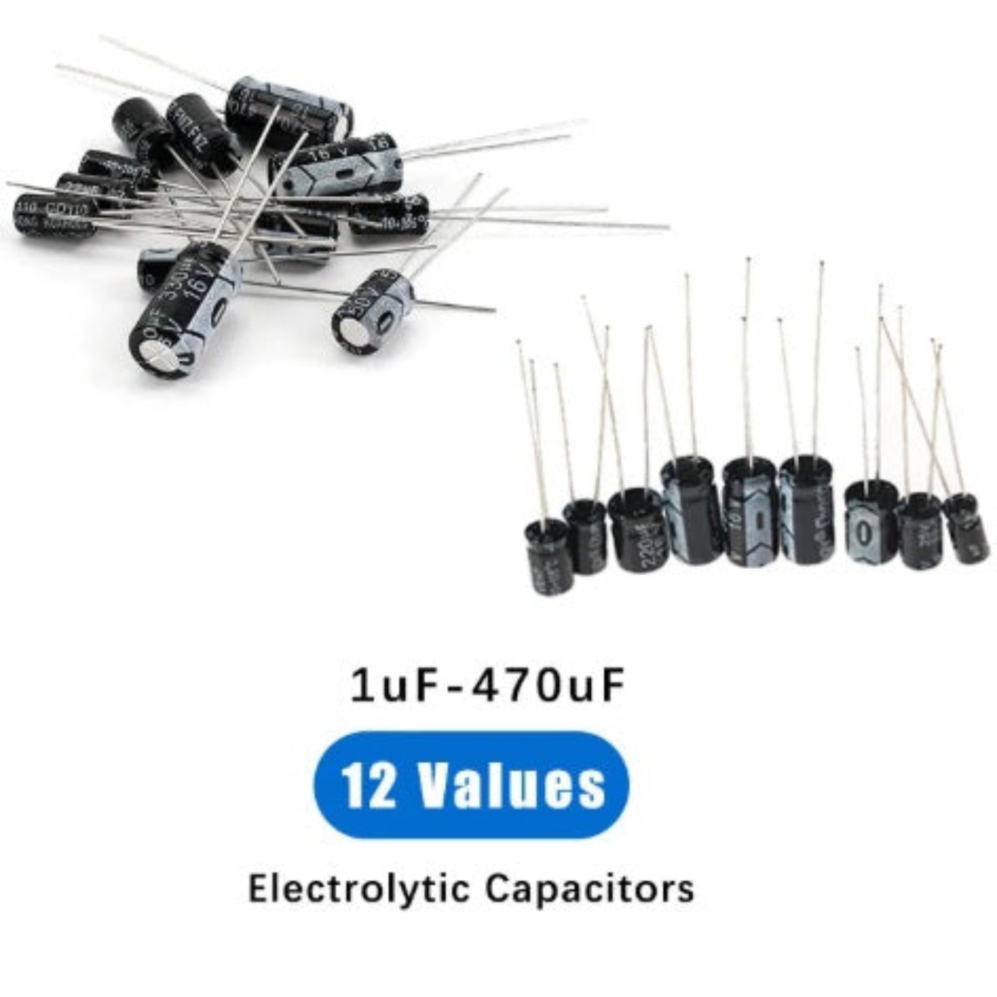 120-piece assortment kit of radial aluminum electrolytic capacitors (1uF-470uF, 12 values, 16V/25V/50V).
