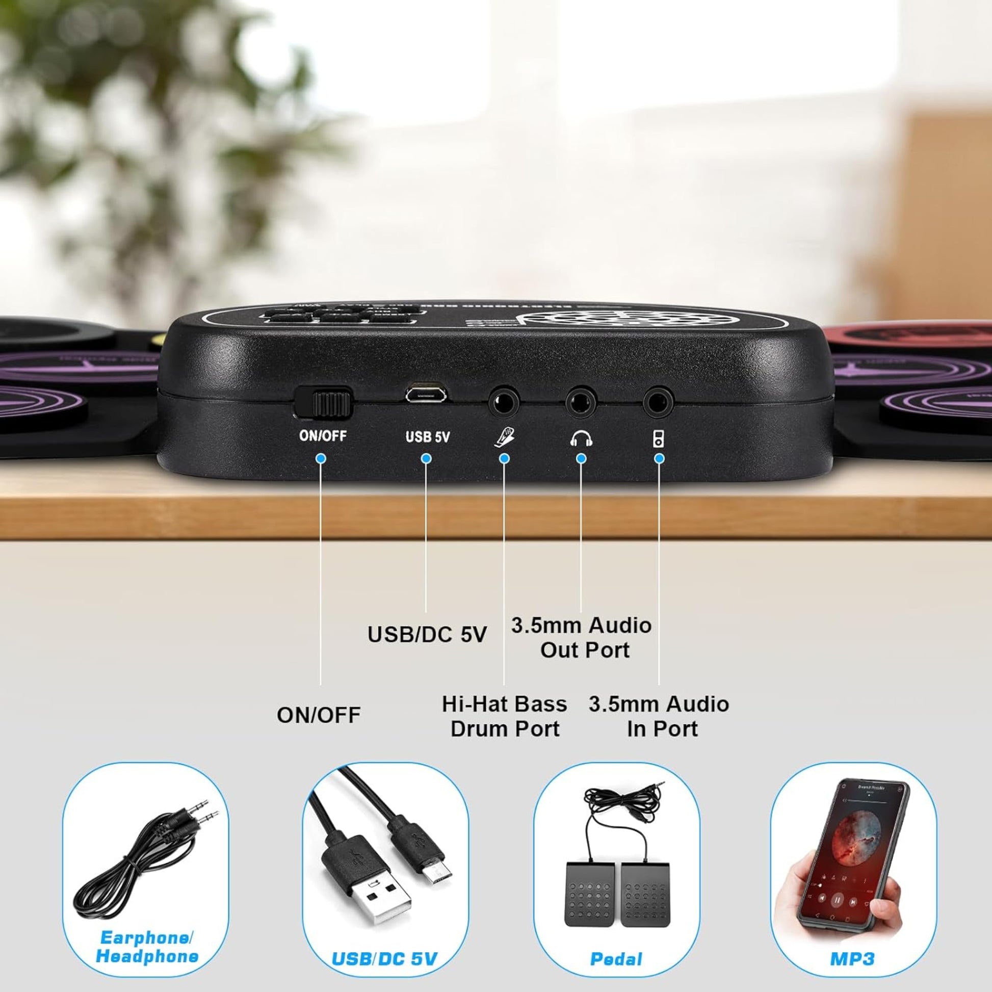 Close-up of the controls and ports of a portable electronic drum set, showcasing USB, audio out, and pedal inputs.