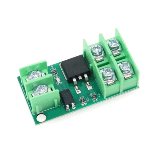 DC 5V–36V electronic pulse trigger switch control panel, MOSFET driver module with terminals for motor and LED control.