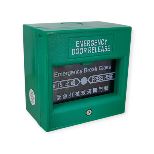 Front view of the green emergency door release break glass alarm button for access control systems.