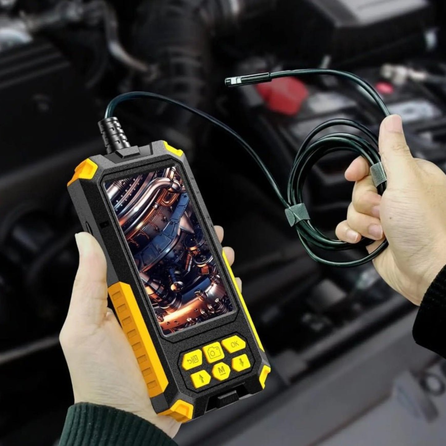 Dual lens endoscope camera in hand, showcasing high-resolution inspection of engine components for diagnostics.
