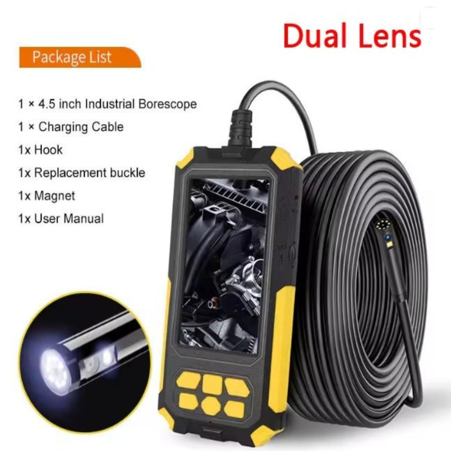 Dual lens endoscope with 4.5-inch screen, flexible cable, and LED light for inspections in tight spaces.