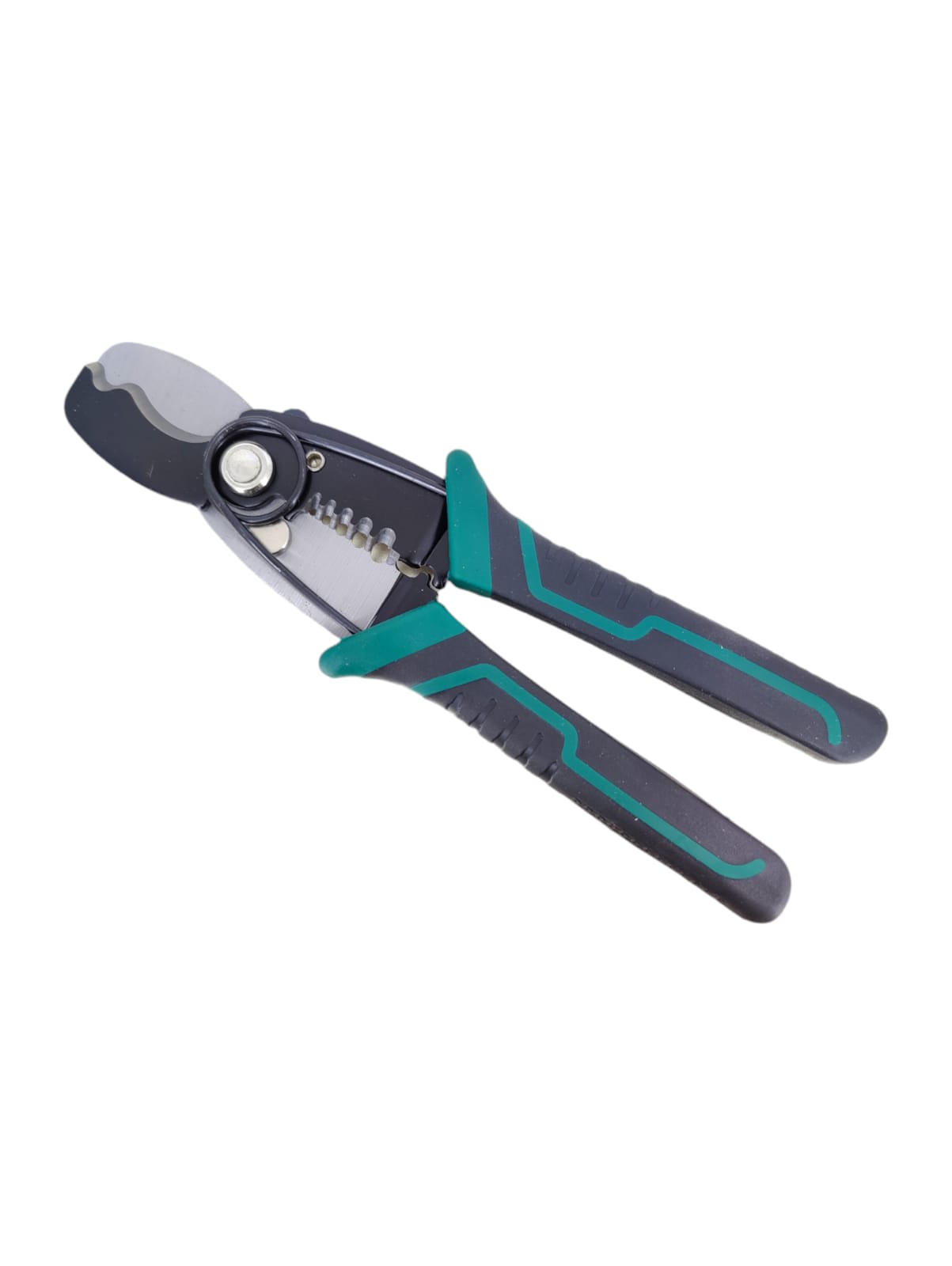 Heavy-duty wire stripper and cable cutter with comfortable grip handles for precision and durability.