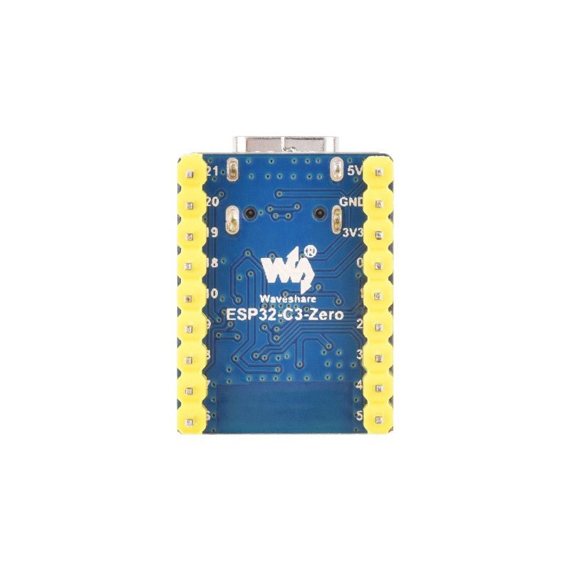 ESP32-C3 Zero Development Module with GPIO pins, 5V and 3.3V power supply, and compact design for projects.