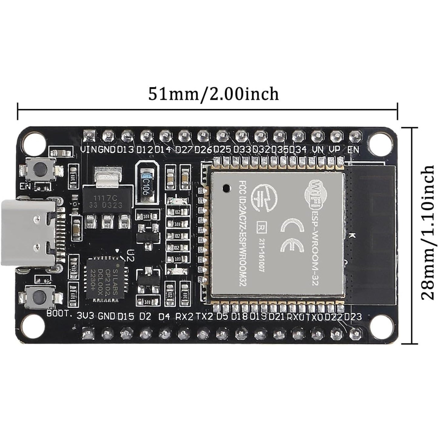 ESP32 development board with 30-pin layout and USB-C, featuring ESP-WROOM-32 chip for WiFi and Bluetooth connectivity.