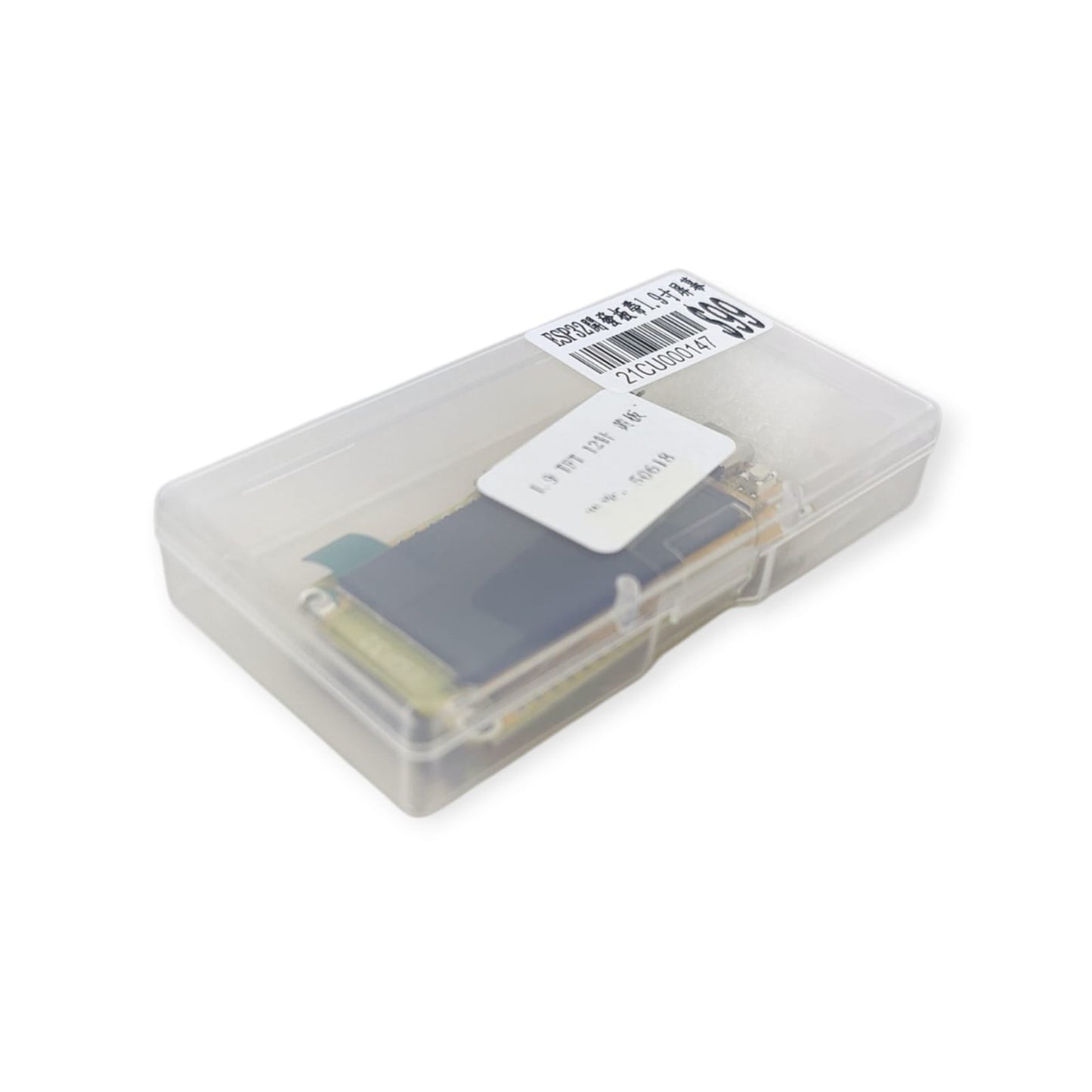 ESP32 development board with built-in color display, securely placed inside a clear plastic protective case.