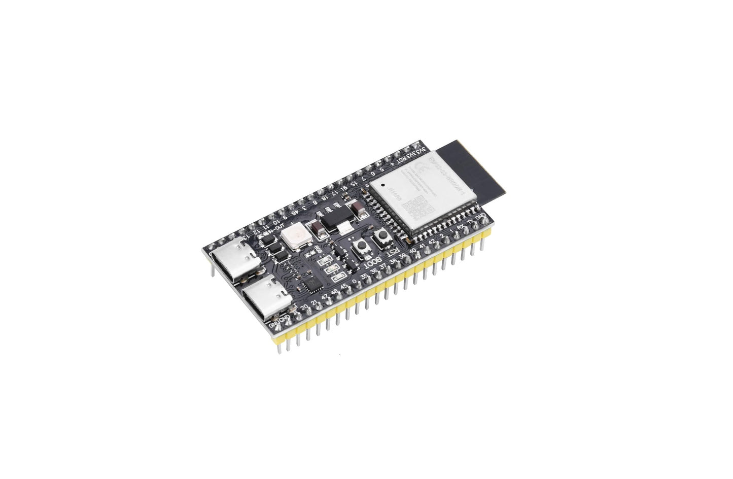 Angled view of the ESP32-S3 N16R8 development board with soldered header pins, highlighting its compact form factor.