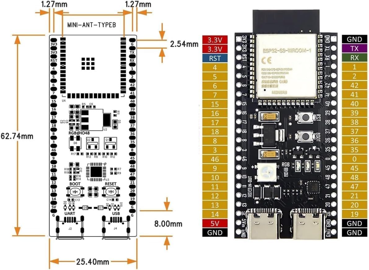 Technical drawing of the ESP32-S3 N16R8 board showing dimensions and pin assignments, including 3.3V and 5V pins.
