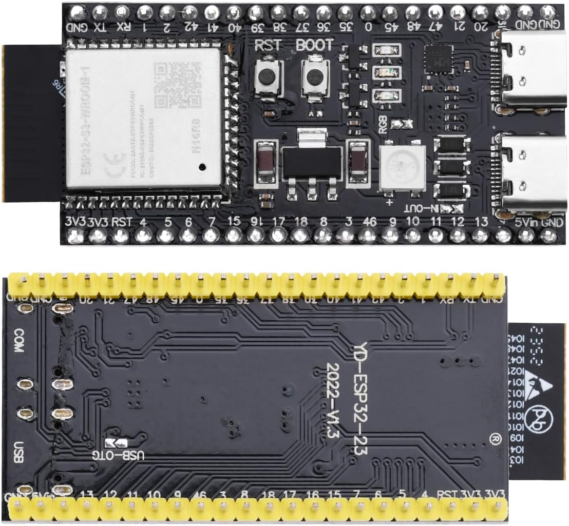 Front and back view of the ESP32-S3 N16R8 development board with clearly labeled components and pin headers.