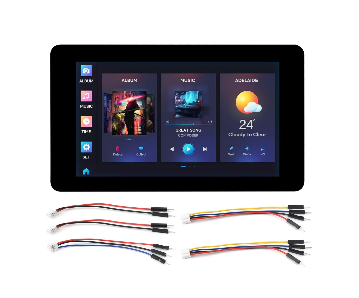 Waveshare ESP32-S3 7 inch touch screen LCD with GUI interface and connecting cables.