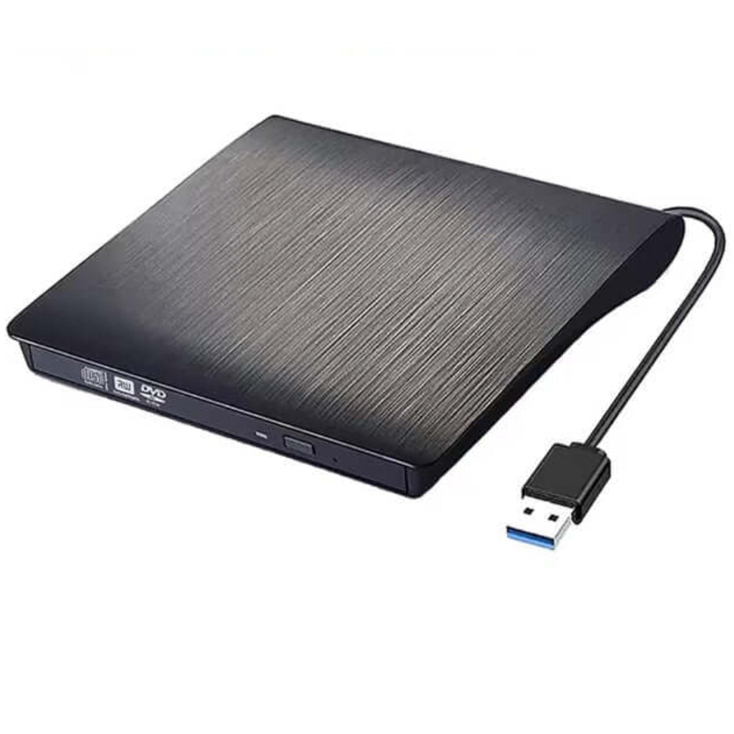 External USB 3.0 CD/DVD drive in sleek black design, ideal for laptops and desktops.
