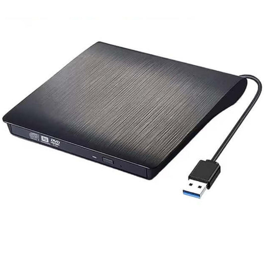 External USB 3.0 CD/DVD drive in sleek black design, ideal for laptops and desktops.