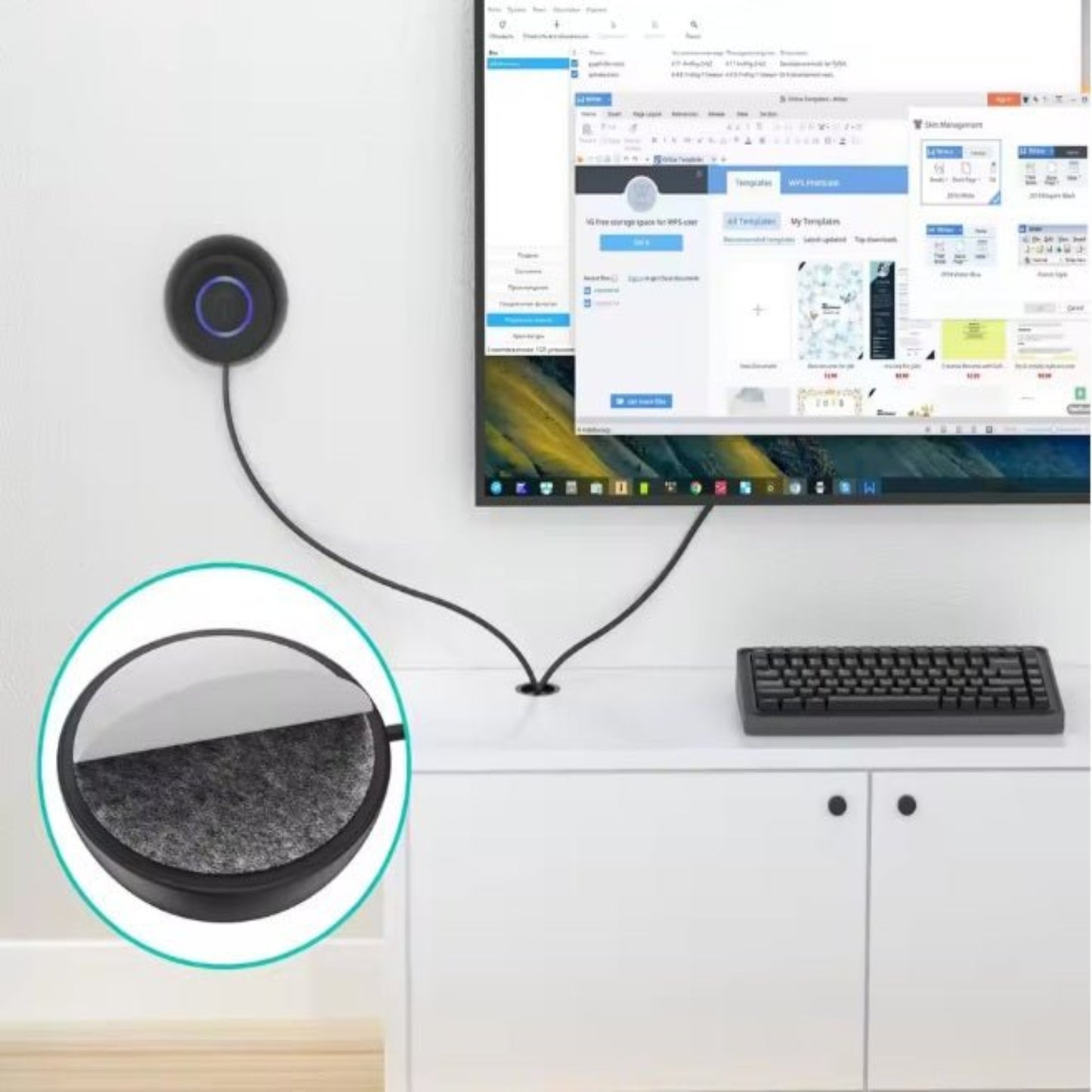 Desktop PC power button with blue LED light connected to a monitor, showcasing a sleek and convenient design.