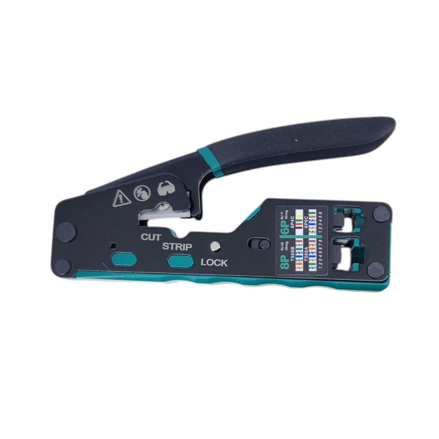 Cable crimping tool with black and teal design on a white background