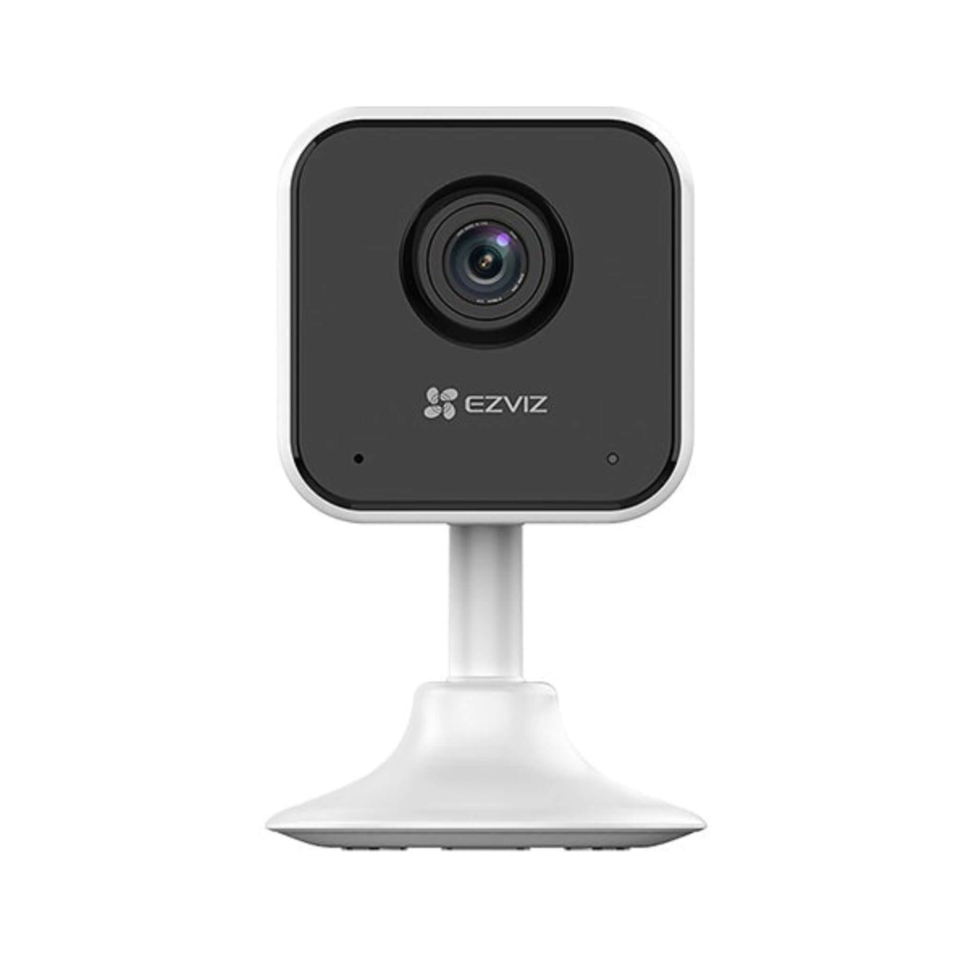 Front view of the white and black EZVIZ H1c 1080p smart home security camera on its stand.