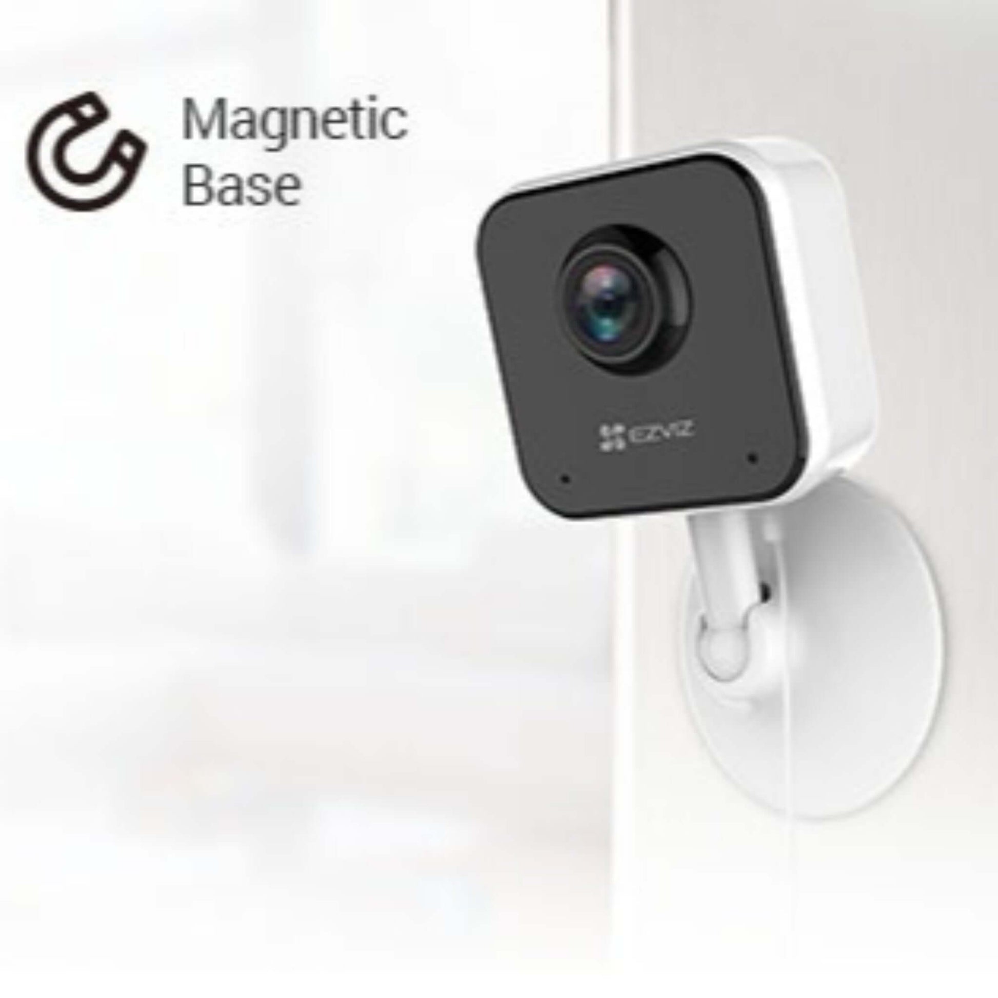 The EZVIZ H1c camera attached to a metallic surface, showcasing its easy-to-install magnetic base.