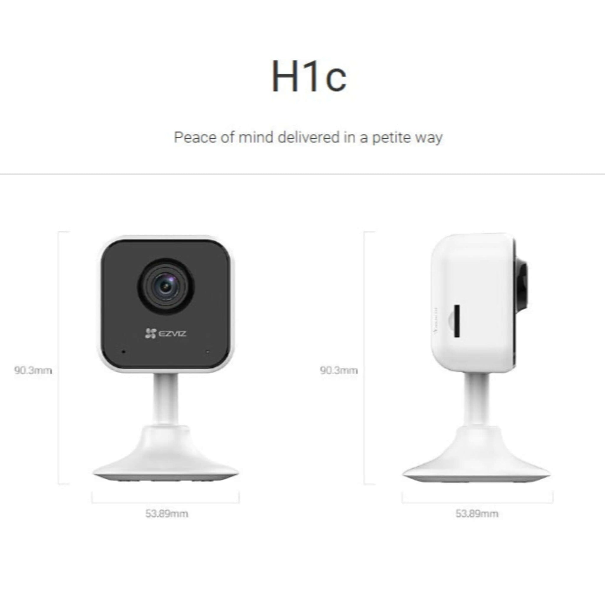 Product dimensions of the compact EZVIZ H1c camera, showing it is 90.3mm tall and 53.89mm wide.
