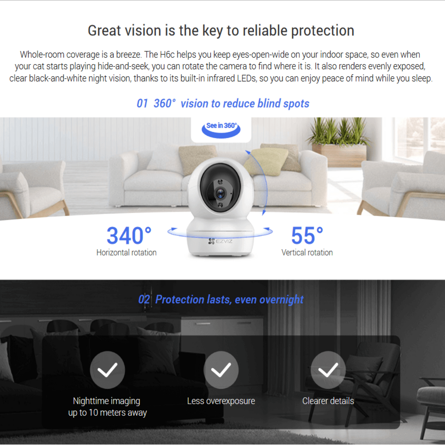 EZVIZ H6C Pro camera showcasing 360-degree vision with clear night vision for home security and monitoring.