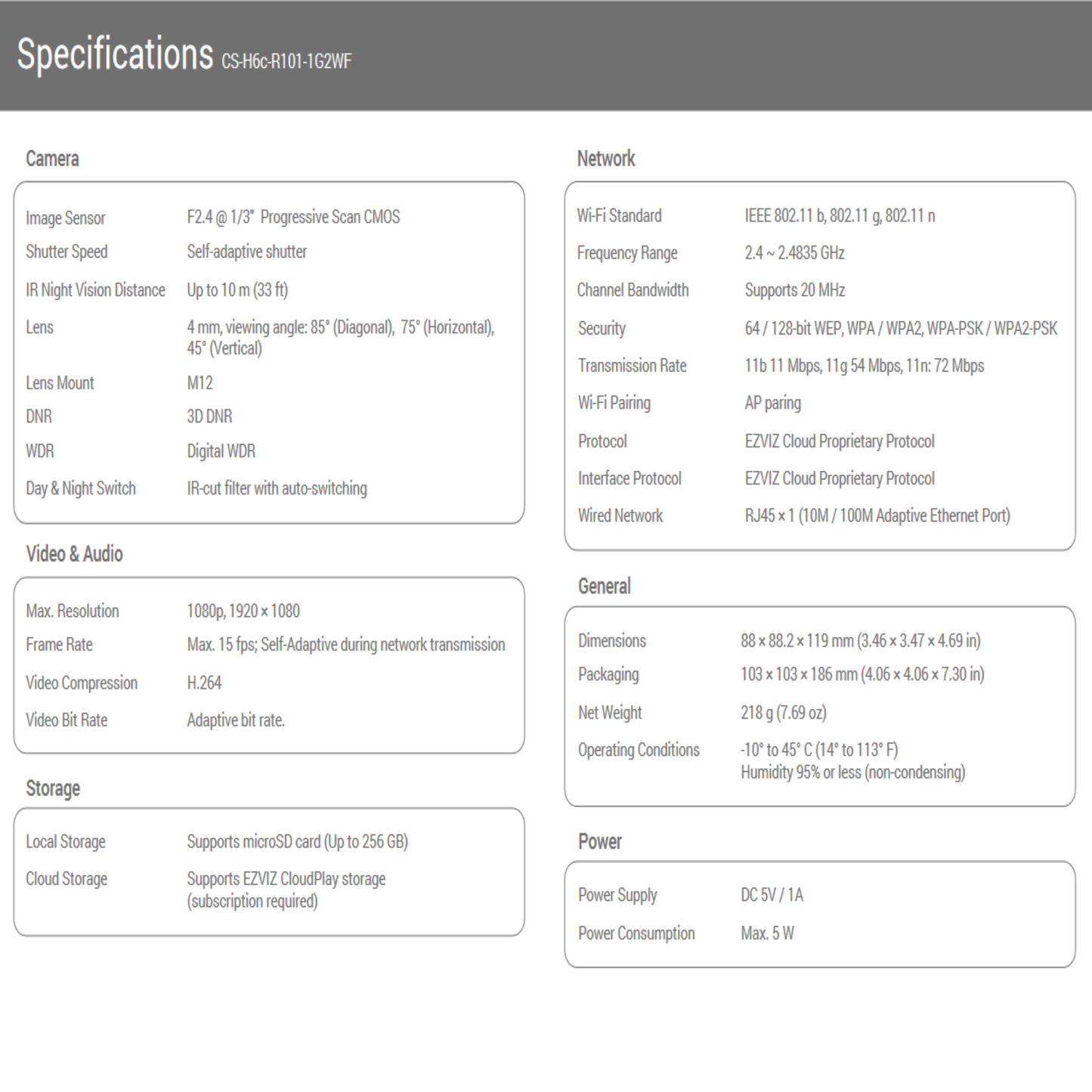 EZVIZ H6C Pro 1080P indoor camera specifications, including features, network details, and power requirements.