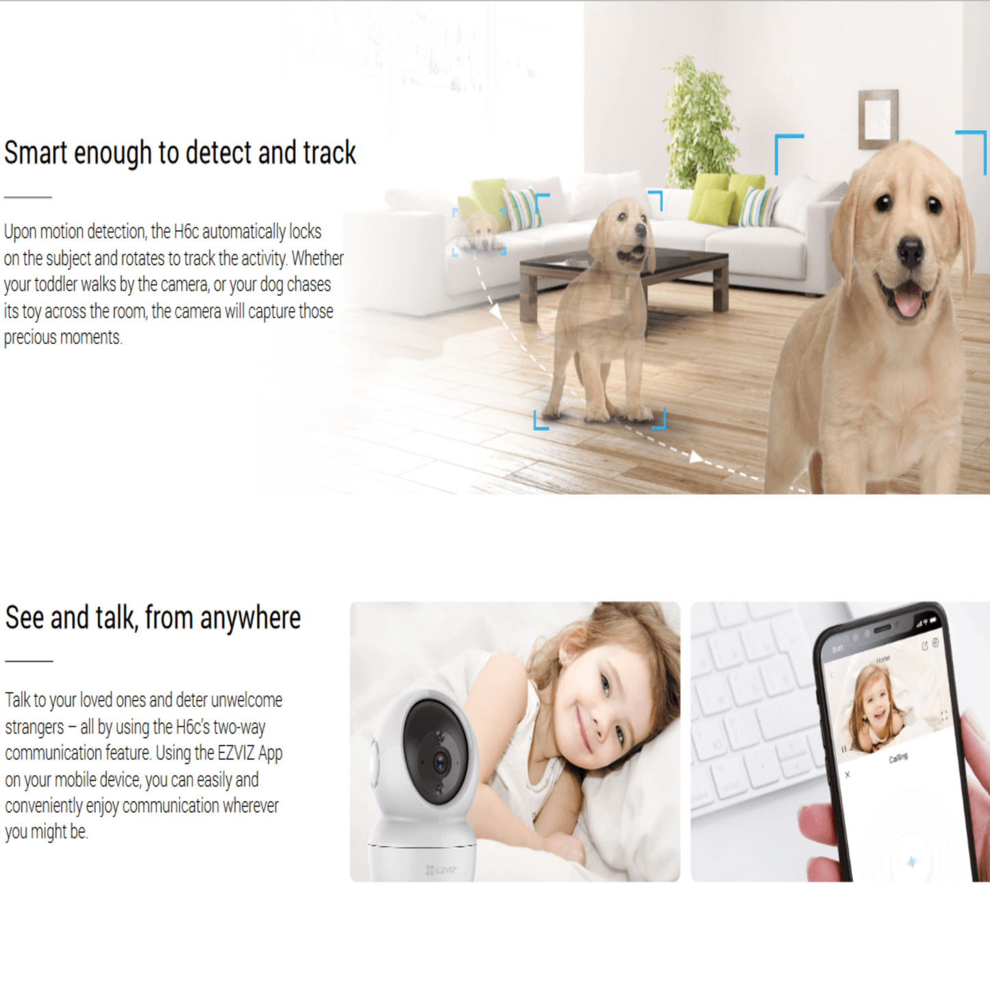 EZVIZ H6C Pro camera tracking a moving pet in a home setting with live communication feature shown on a smartphone.