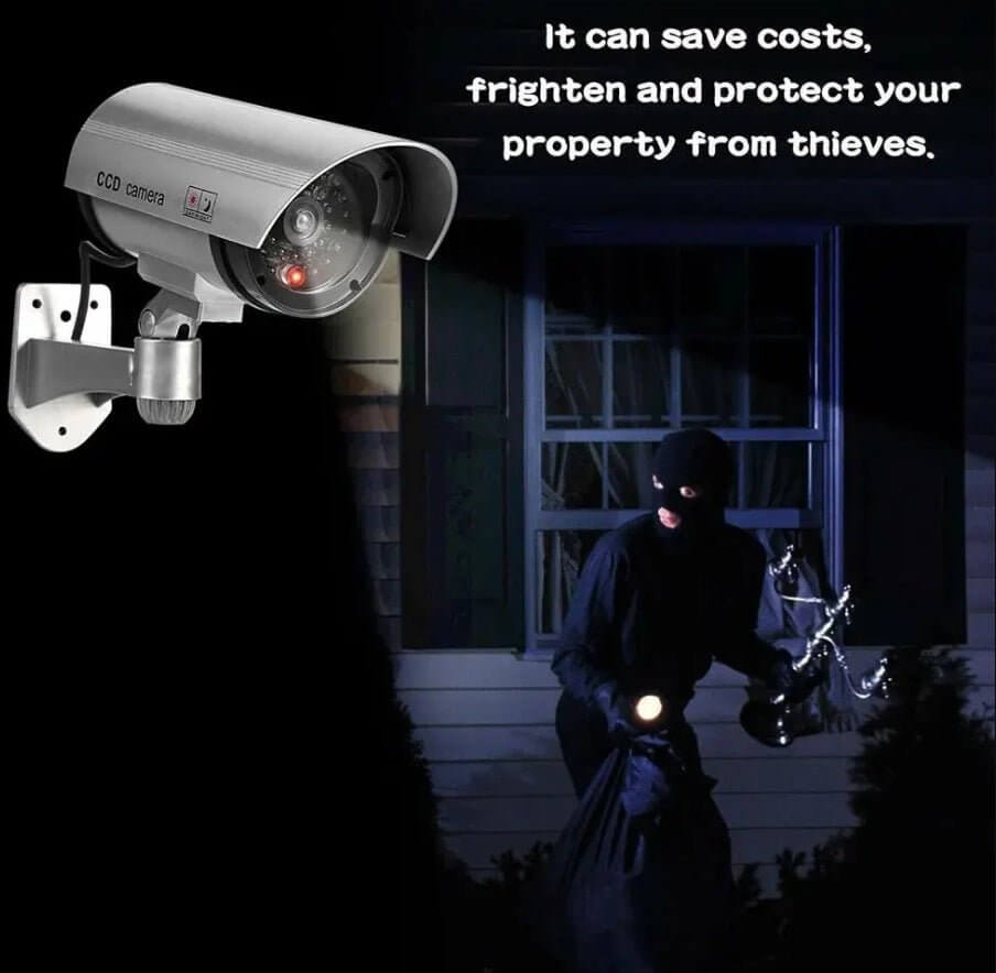 Realistic dummy security camera deterring thieves with flashing LED light at night.