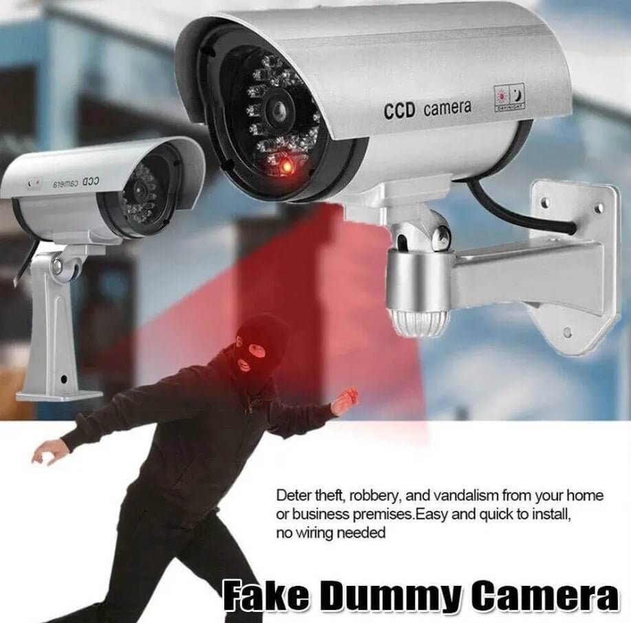 Realistic dummy security camera with LED, deterring theft and vandalism for home and business protection.