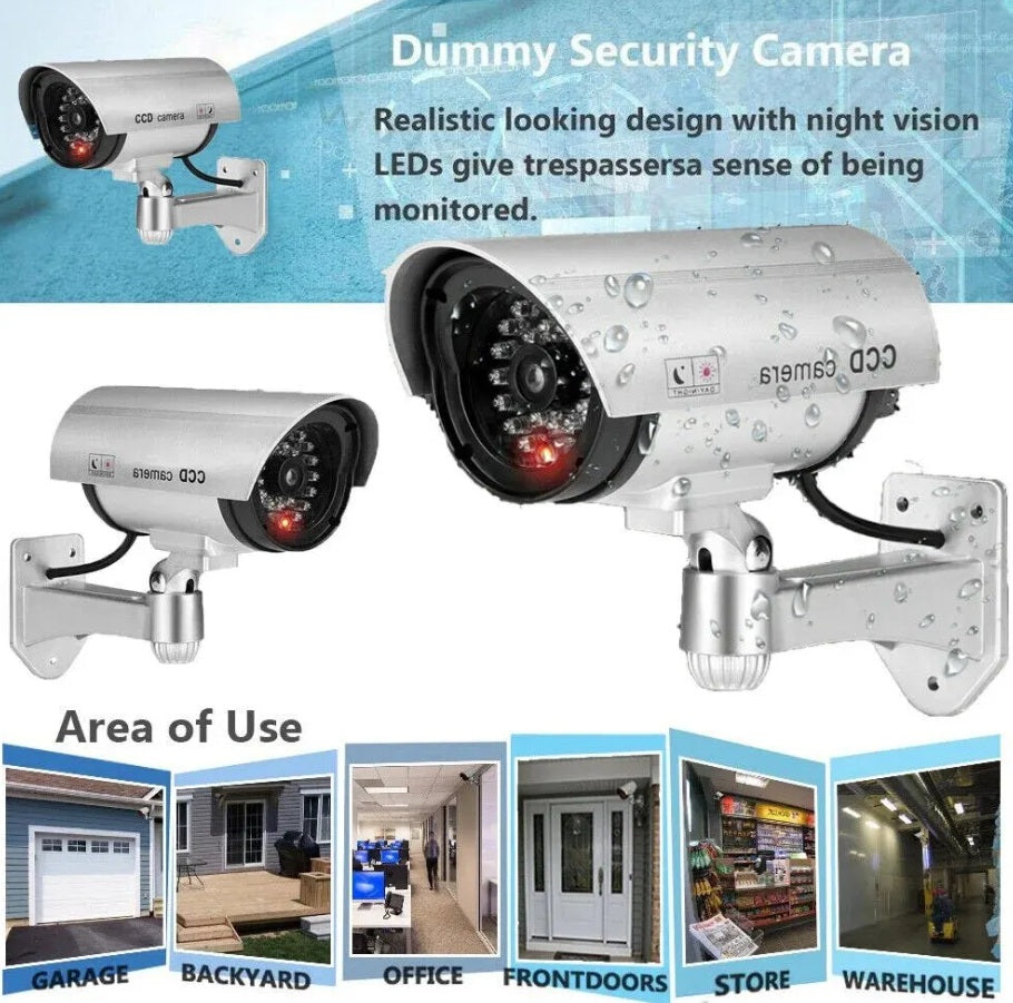 Examples of use for the dummy security camera in a garage, backyard, and office.