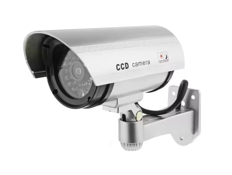 Front view of a silver fake bullet security camera.