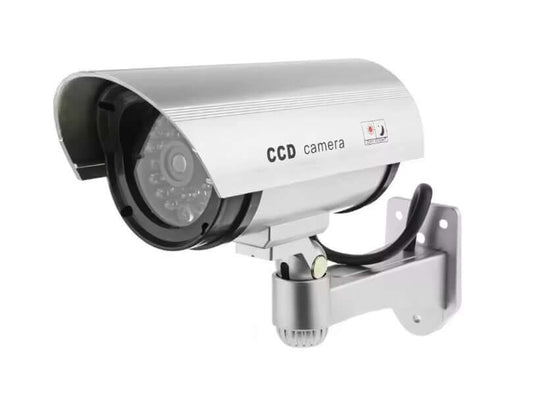 Realistic dummy security camera with LED light, designed for home and office protection against theft and vandalism.