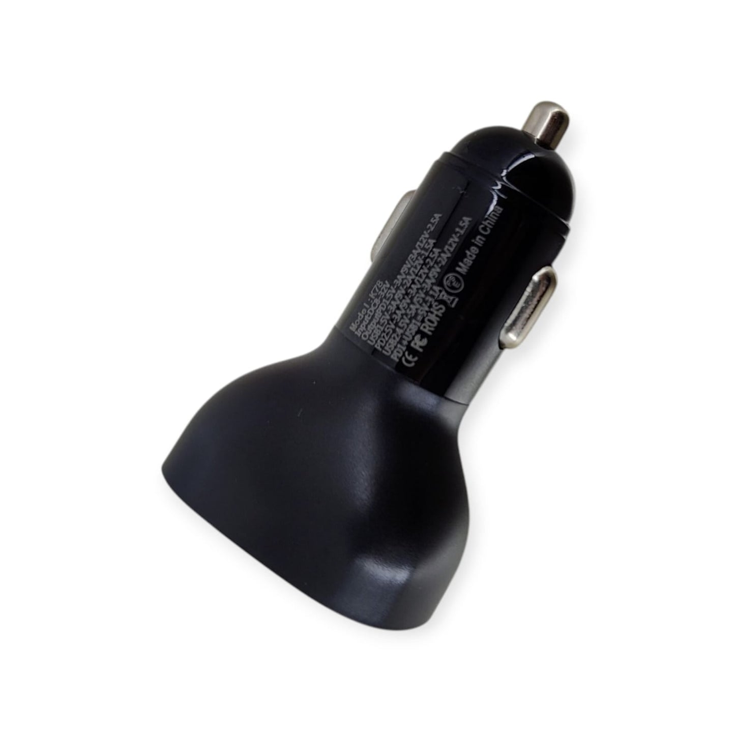 Side view of the car charger detailing its technical specifications, model number L-KZ8, and power output ratings.