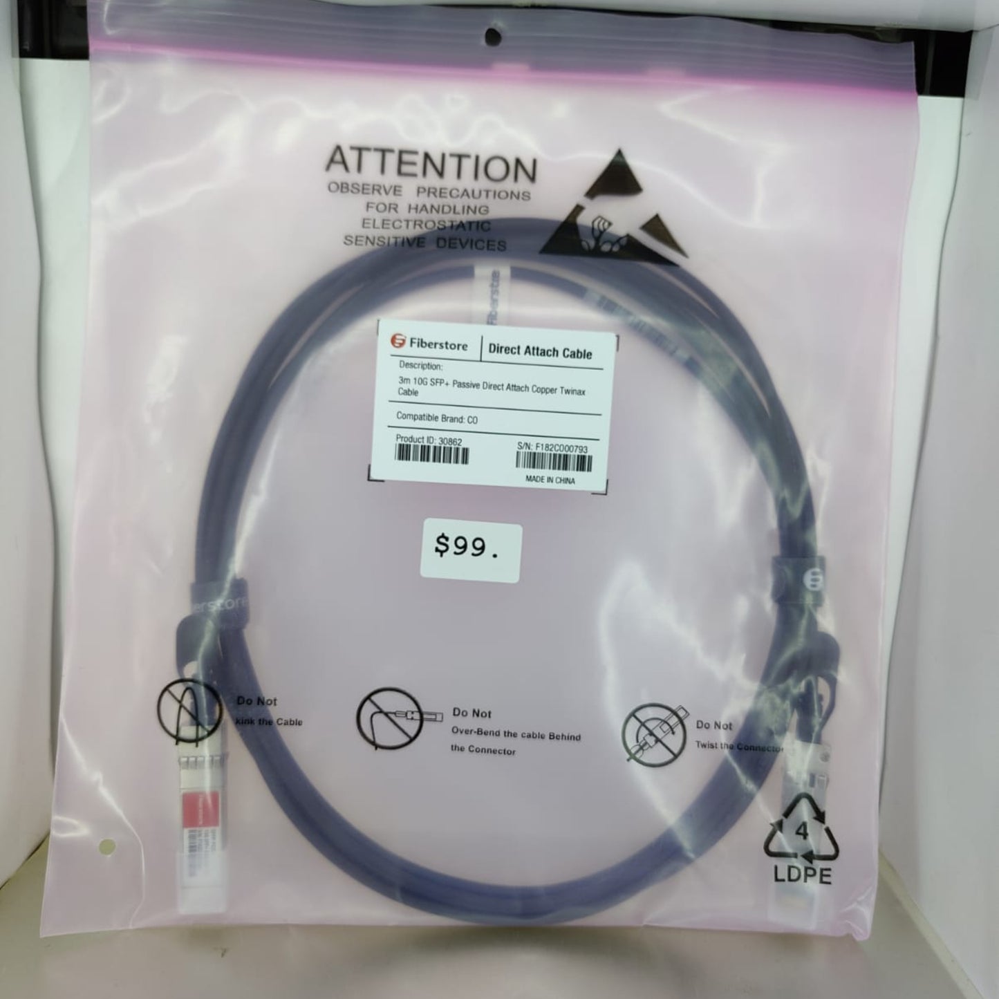 Fiberstore 10G SFP+ DAC Twinax Cable in protective packaging, 3M length, ideal for short-distance data center connections.