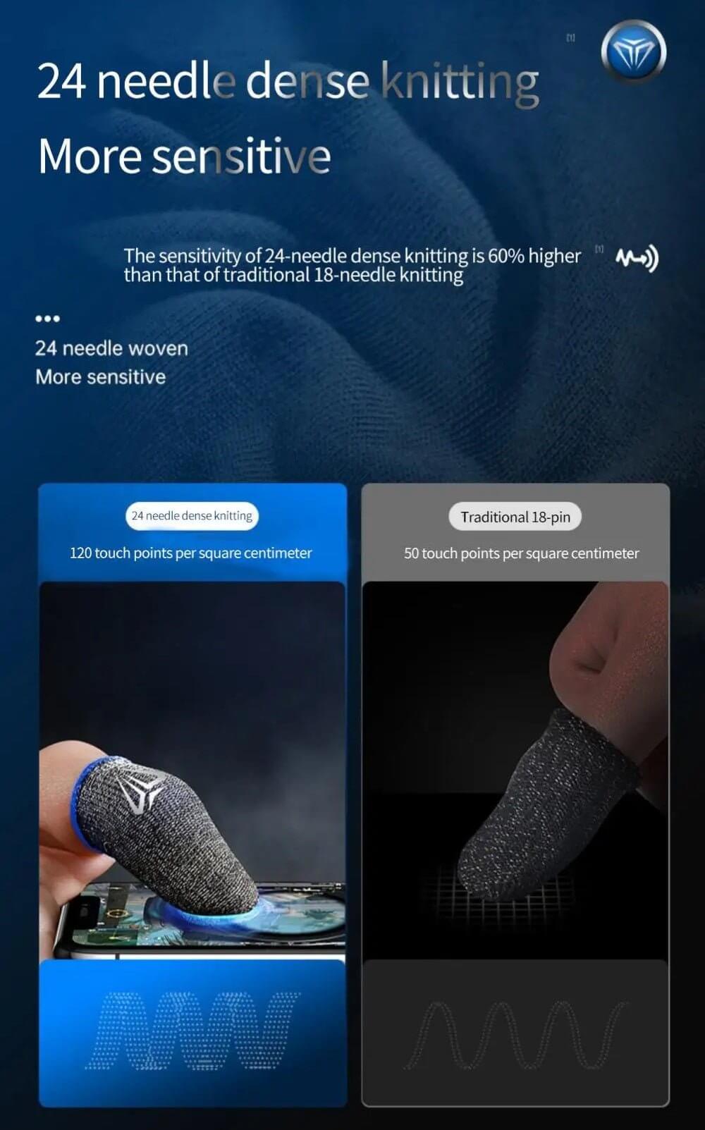 Comparison of 24-needle and traditional 18-needle mobile gaming finger sleeves for enhanced sensitivity.