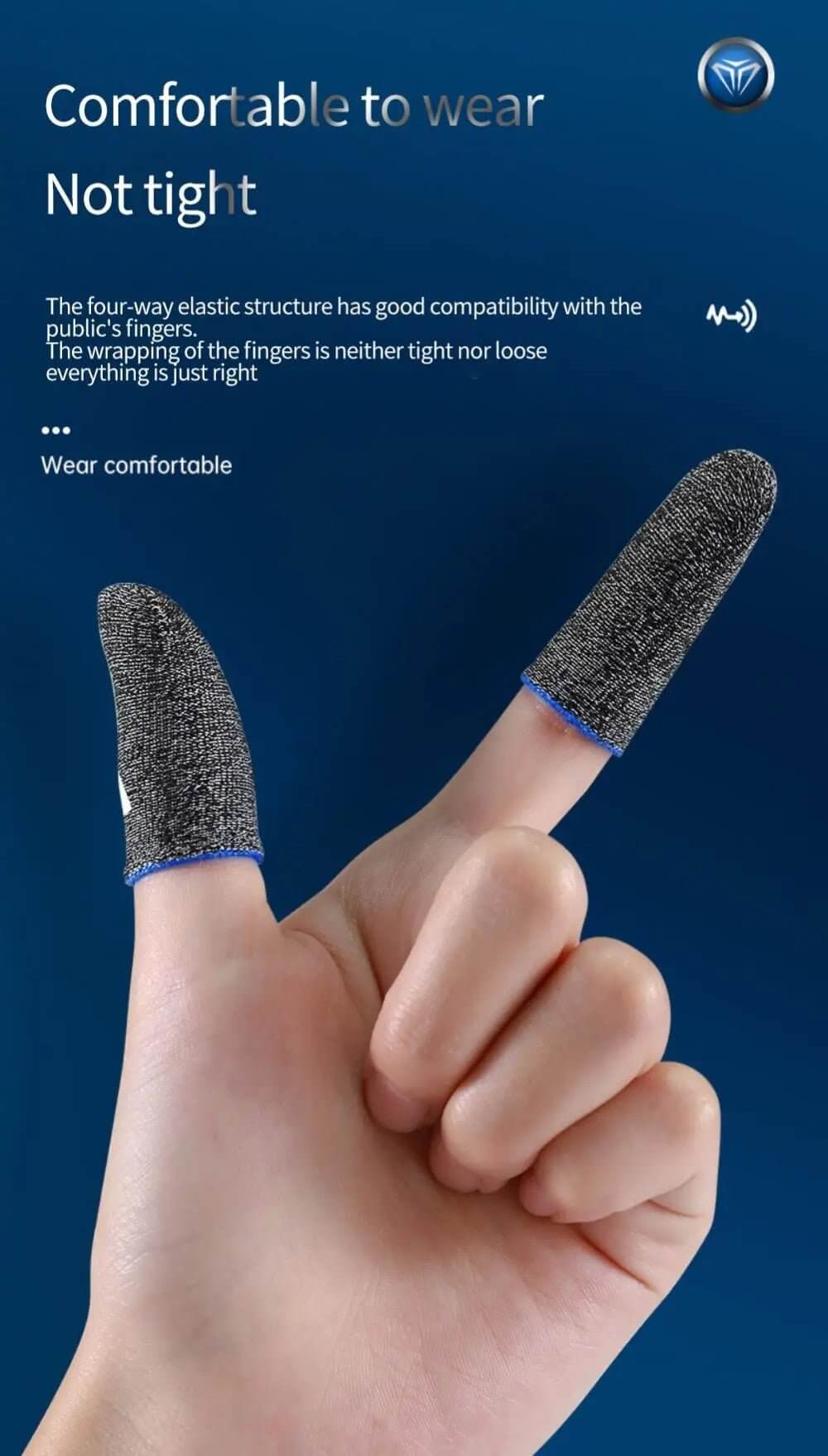 Mobile gaming finger sleeves on hand showing elastic structure and comfort for gaming sessions.