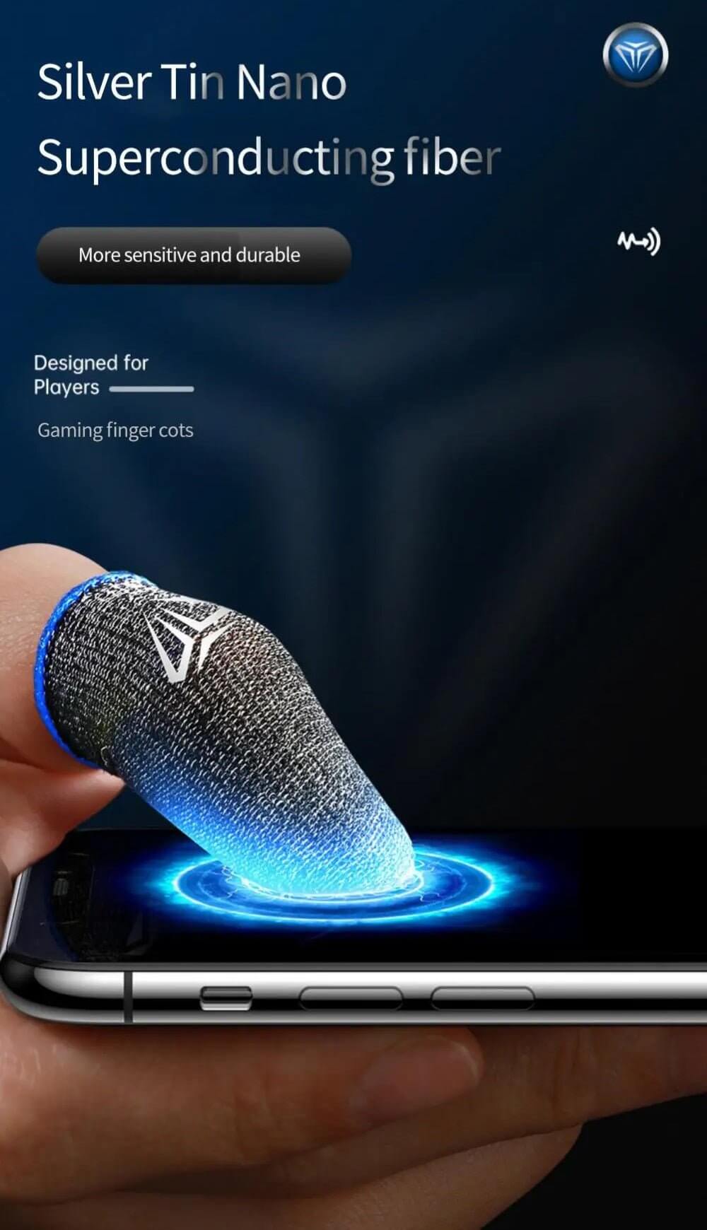 Gaming finger sleeve made of silver tin nano superconductor for enhanced sensitivity and touch control on mobile devices.