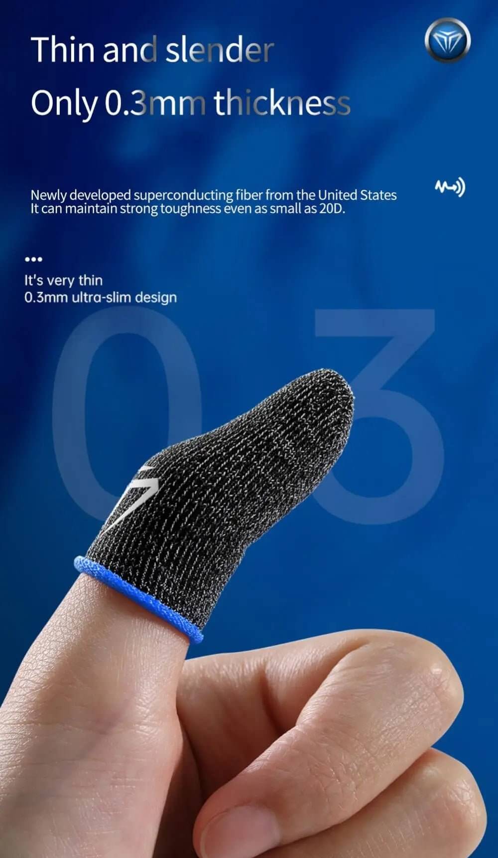 Ultra-thin mobile gaming finger sleeve with 0.3mm thickness for enhanced touchscreen sensitivity and comfort.