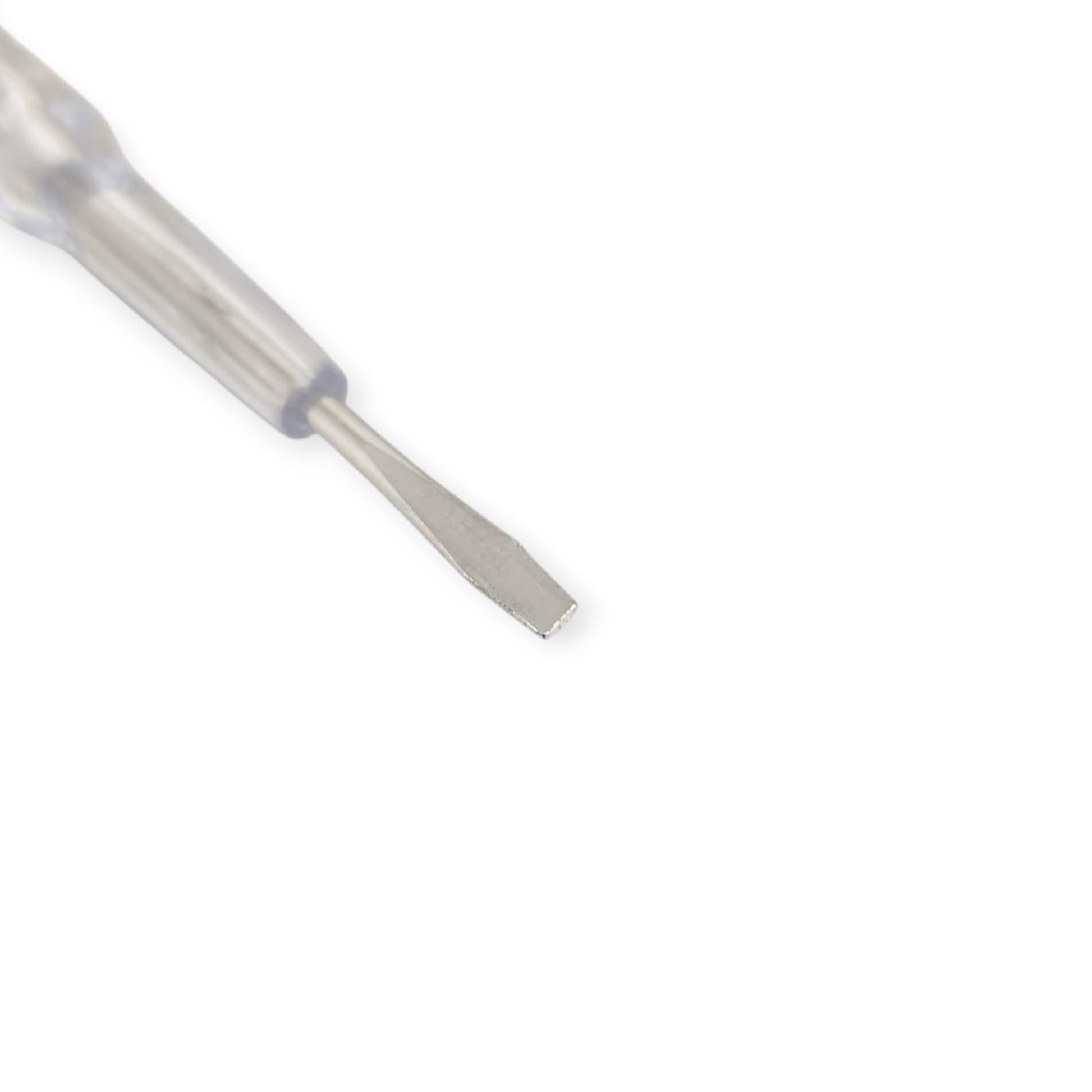Macro shot focusing on the metal flathead screwdriver tip of an electrical test pen.