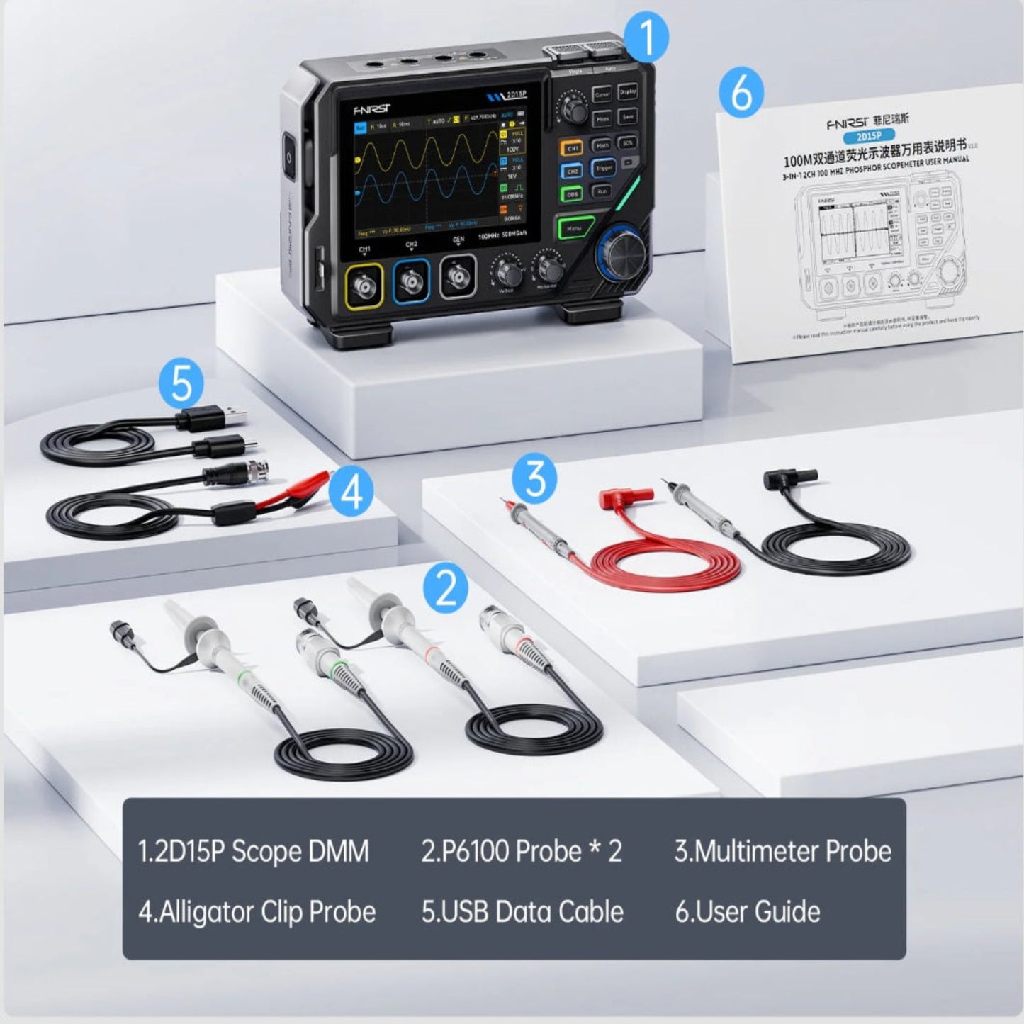 Full package contents including probes, USB cable, and manual