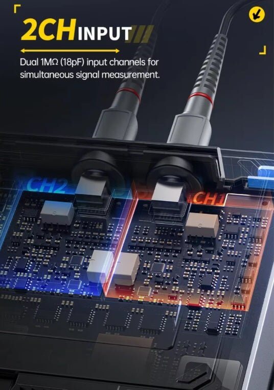 Close-up of FNIRSI DPOS350P showing dual 1MΩ input channels for simultaneous signal measurement.