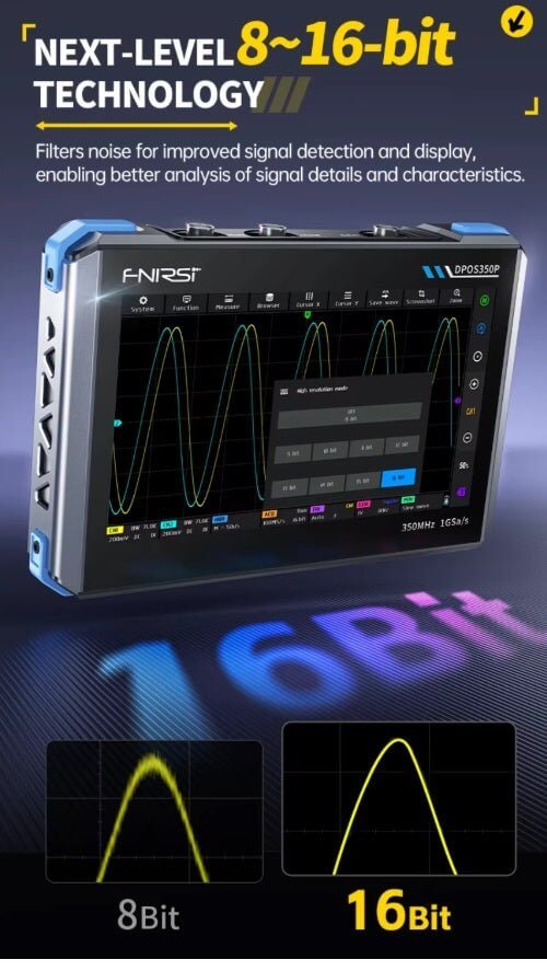 FNIRSI DPOS350P tablet oscilloscope showcasing 8-16 bit technology for enhanced signal analysis.
